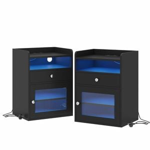 Advwin 2xBedside Table Acrylic Door With with Charging Station & LED Light, Black