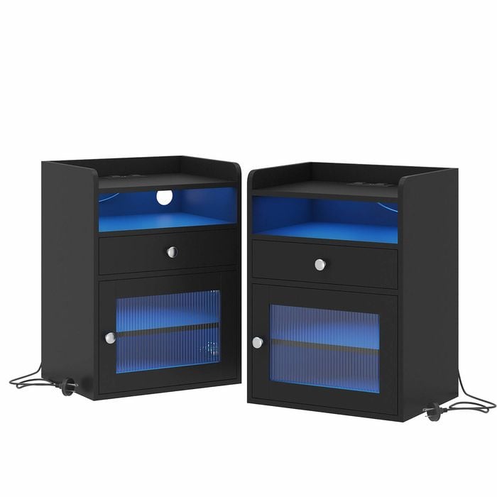 Advwin 2xBedside Table Acrylic Door With with Charging Station & LED Light, Black