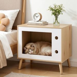 Homfurn Cat Nest Bedside Table – 60cm, Natural Wood Colour, Storage Drawer For Cats, Pet Furniture