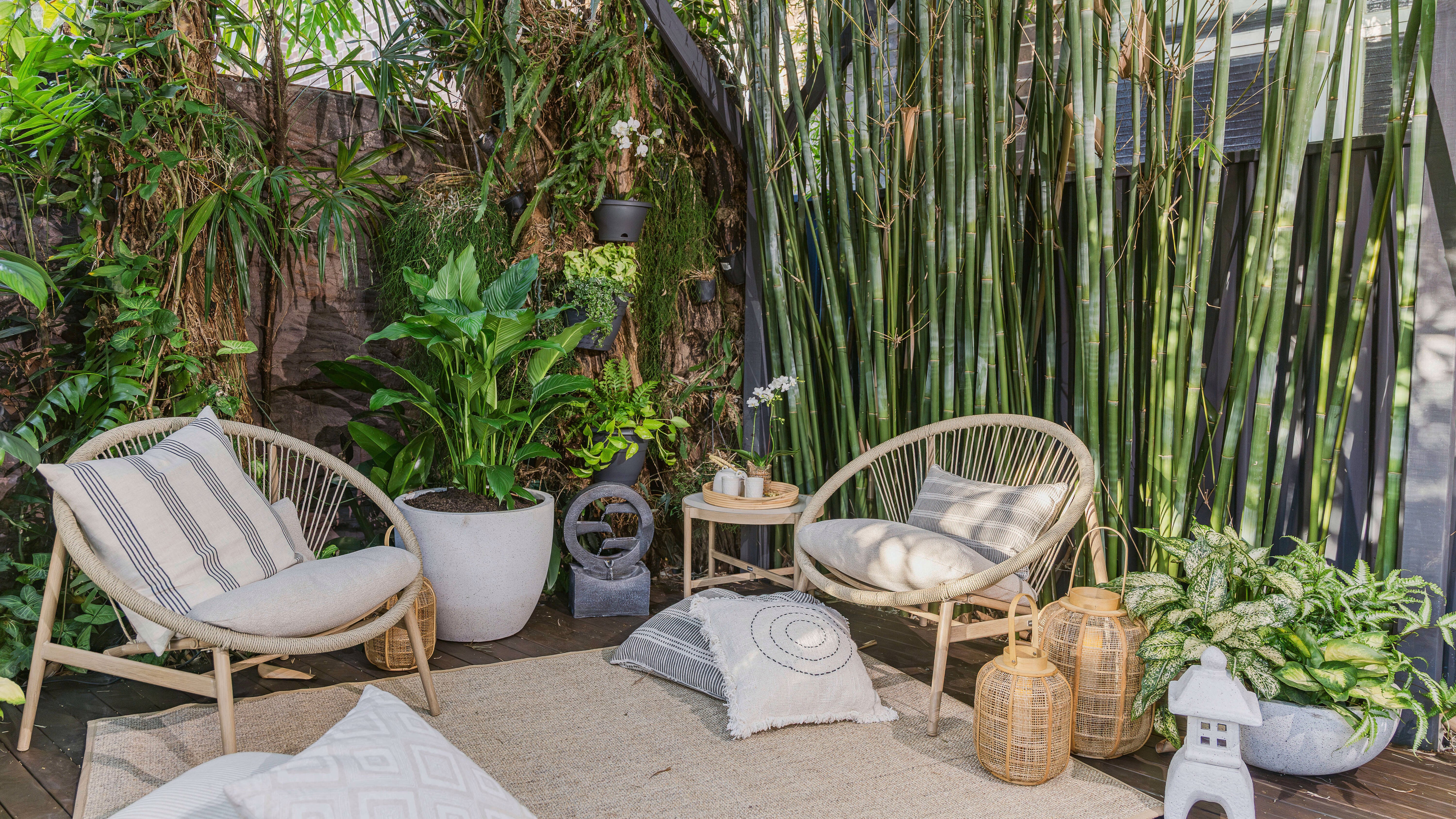 Outdoor setting, cushions, rugs, planst and bamboo in a covered area.