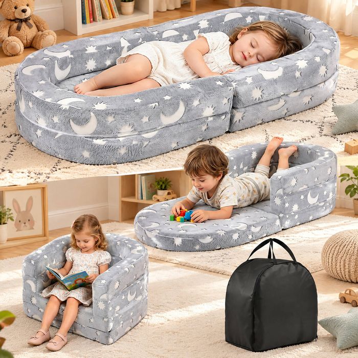 Ufurniture 3-in-1 Folding Kids Floor Sofa W/ Storage Bag & Carrying Handle Grey