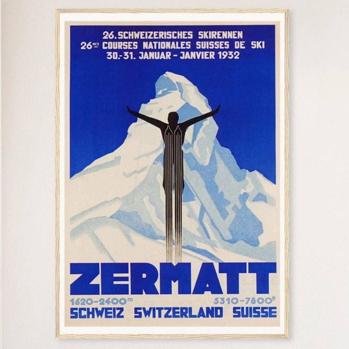 Galrie Vintage 1932 Zermatt Switzerland Ski Poster - Aerial Art for Ski Lovers, Wood Frame, A2 42 x 60cm (16 x 24inch)