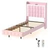 Levede Pink Floating Velvet Bed Frame with LED and Charging Station - Single