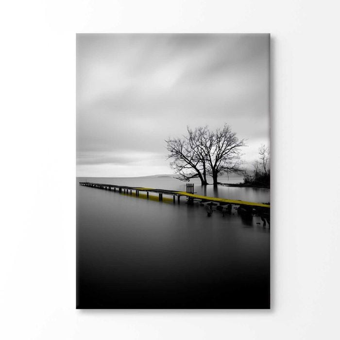 Scenic Night Yellow Wooden Pier with Black Lake Print 100% Australian Made 180x120cm (Stretched Canvas)