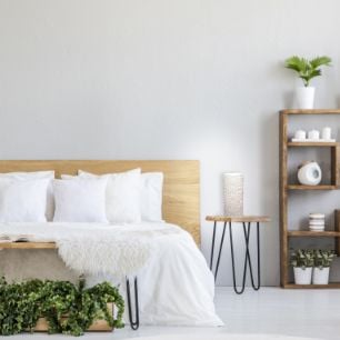 Bedroom with timber bedframe and timber bedside and bed-end tables with indoor plants