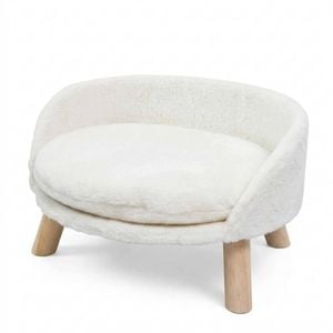 P&p White Plush Cat Bed Chair Soft Cushion Wooden Legs Comfortable Pet Sofa
