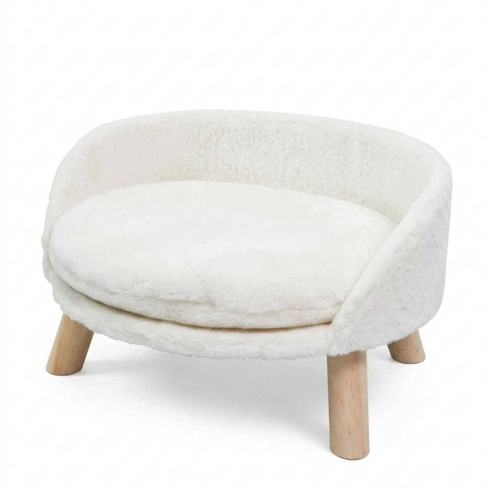 P&p White Plush Cat Bed Chair Soft Cushion Wooden Legs Comfortable Pet Sofa