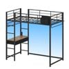 Ufurniture Metal Loft Bed Frame with Desk Single Bunk Bed with LED Lights & Charging Station Black
