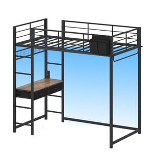 Ufurniture Metal Loft Bed Frame with Desk Single Bunk Bed with LED Lights & Charging Station Black