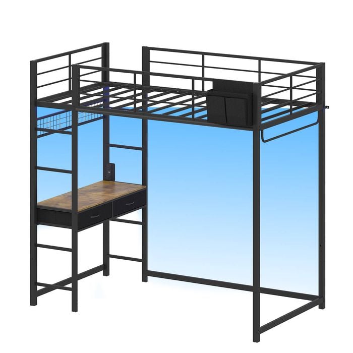 Ufurniture Metal Loft Bed Frame with Desk Single Bunk Bed with LED Lights & Charging Station Black