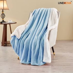 LINENOVA Sherpa Flannelette Blanket Warm Soft For Winter Throw Size - Blue