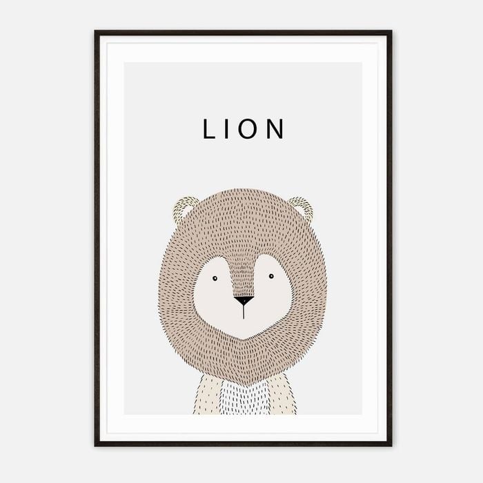 Galrie Charming Minimalist Lion Art Print for Kids' Room Decoration, Black Frame, 50 x 70cm (20 x 28inch)
