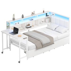 Advwin Single Corner Bed Frame with Foldable Desk, Charging Station & Bookcase Storage, White