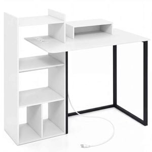 Costway Computer Desk Charging 110cm Study Table Shelves Monitor Stand