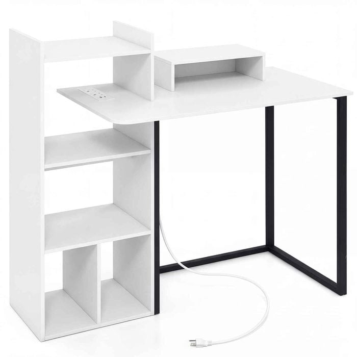 Costway Computer Desk Charging 110cm Study Table Shelves Monitor Stand