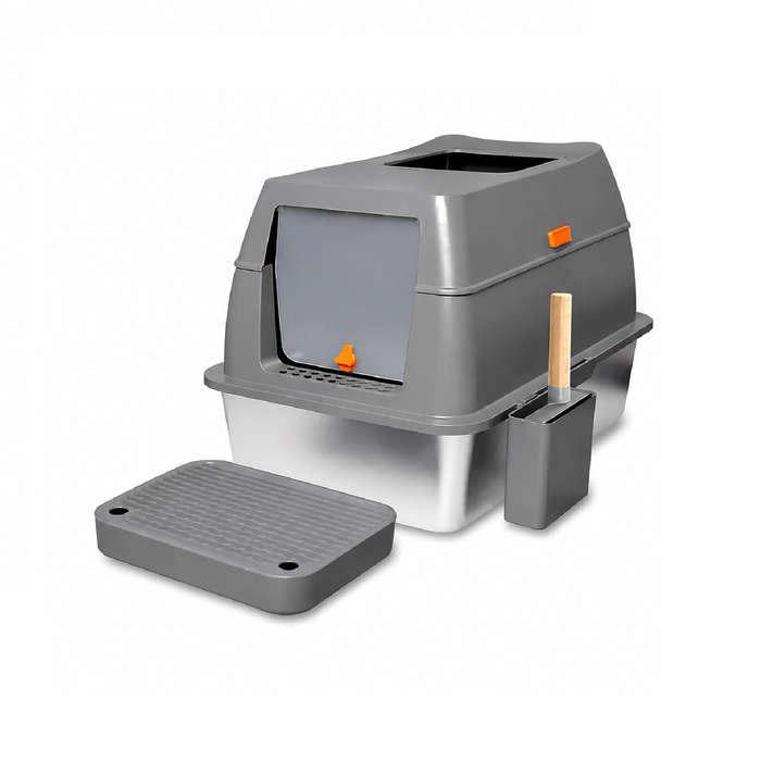Provecta Extra Large Enclosed Stainless Steel Cat Litter Box Dual Entry Metal Tray with Scoop Anti-Odour Grey