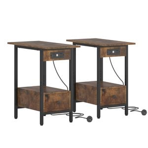 Advwin Set of 2 Side Tables w/ Charging Station & Drawer Walnut