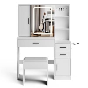 Ufurniture Dressing Table Stool Set LED Lights Mirror Vanity Desk with Storage Drawers & Jewelry Shelves Make up Table White