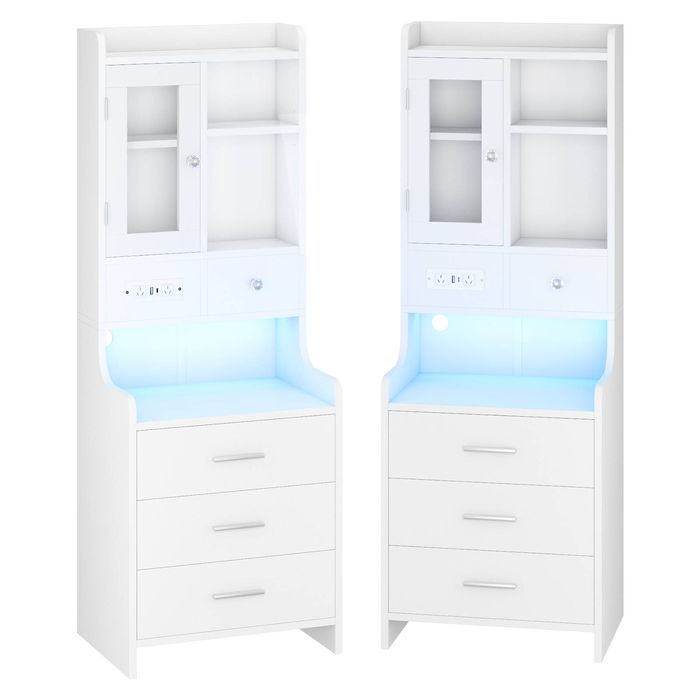 Ufurniture Tall LED Bedside Table with 4 Drawers, Shelves & Charging Station