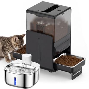 Advwin 5L Automatic Pet Feeder with Dual Bowls with 3.2L Stainless Steel Pet Water Fountain