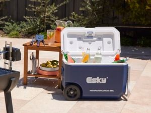 Spit roast, couch and a Cooler in an outdoor entertaining area