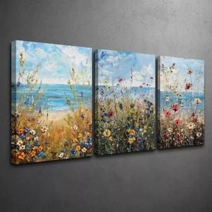 3 Set of Wildflower & Ocean Beach Print 100% Australian Made 3 x 40x60cm  (Stretched)