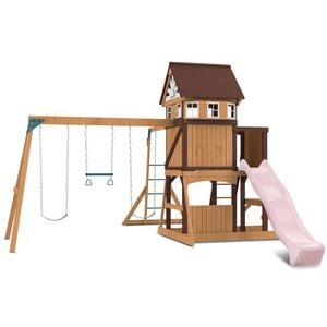 Lifespan Kids Meer Brook Swing Set, Monkey Bars & Play Centre with 2.2m Pastel Pink Slide