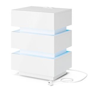 Ufurniture 3 Drawers Bedside Table w/ LED & Charging Station, Modern High Gloss Finish Nightstand End Table White