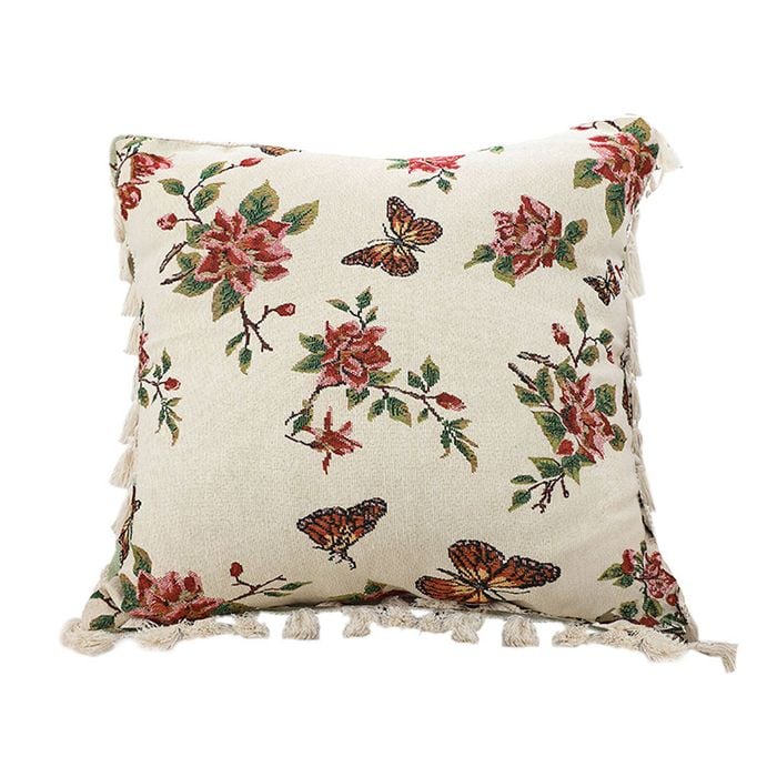 SOGA Creamy White Vintage Butterfly Tassel Throw Pillow 45cm