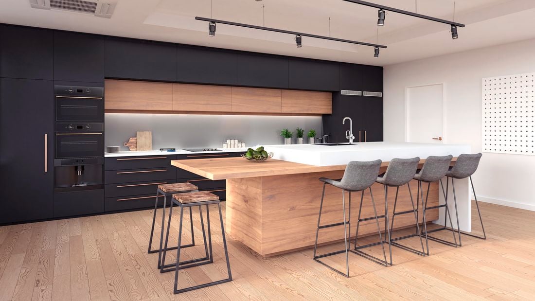 Kitchen Island Island with seats and bench in background with sILVER splashback above