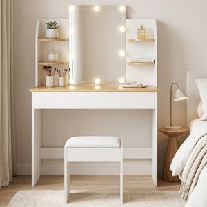 Oikiture Dressing Table Stool Set with 10 LED Bulbs White and Natural