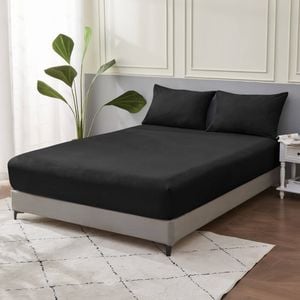 LINENOVA 100% Pure Cotton Deep Fitted Sheet Cover - King Single, Black