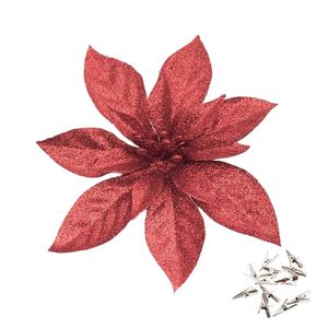 Catzon 12 Pcs Glitter Christmas Flowers with Clips Artificial Poinsettia-Red