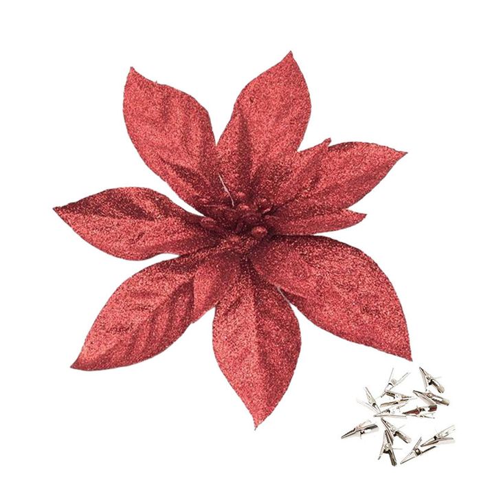 Catzon 12 Pcs Glitter Christmas Flowers with Clips Artificial Poinsettia-Red