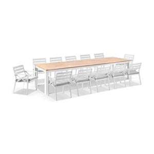 Balmoral 3.55m Teak Top Aluminium Table White With 12 Kansas Dining Chairs & Textured Olefin Grey Cushions