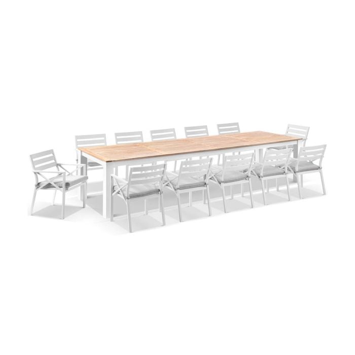 Balmoral 3.55m Teak Top Aluminium Table White With 12 Kansas Dining Chairs & Textured Olefin Grey Cushions