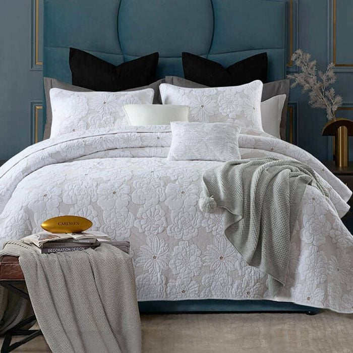 Bloomington 100% Cotton Cover Lightly Quilted Coverlet Set Floriade White Queen