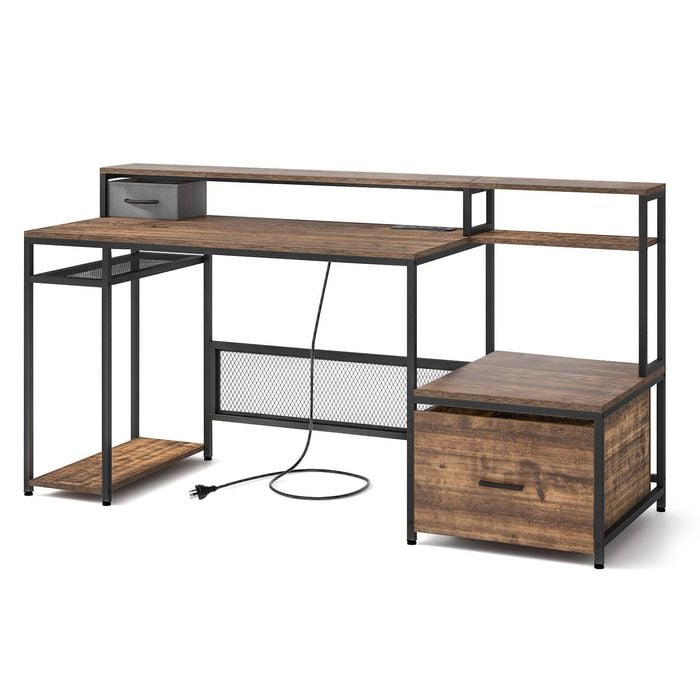 Costway 170cm Computer Desk Home Office Workstation With Power Outlets & Usb Ports Coffee