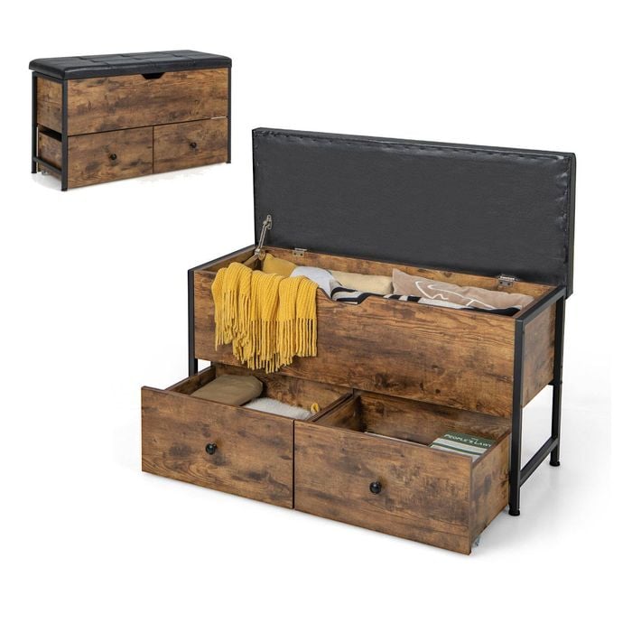 Costway Flip Top Storage Bench Wood Storage Ottoman W/seat Cushion & 2 Drawers Brown