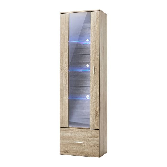 Oikiture Display Cabinet Buffet Sideboard LED Light Storage Cupboard Natural