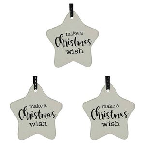 3x Ceramic Hanging 8x9cm Star Christmas Wish w/Ribbon Ornament Home/Office Decor