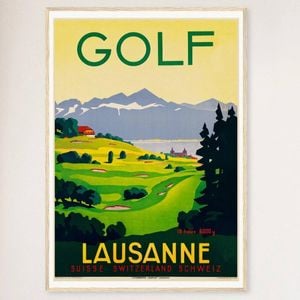 Galrie Lausanne Vintage Golf Poster - Stunning Swiss Landscape Art, Wood Frame, A3 30 x 42cm (12 x 16inch)