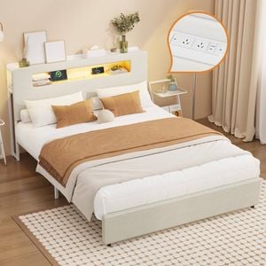 Oikiture Bed Frame Double Size With Led Lights Usb Charging Storage Headboad