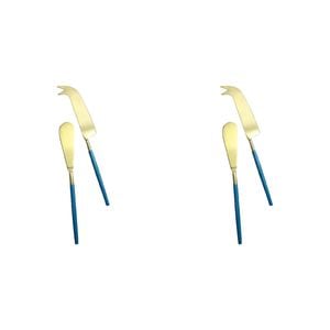 2x 2pc LVD S/Steel Cheese Knife & Spreader Pointed Handle - Gold/Blue