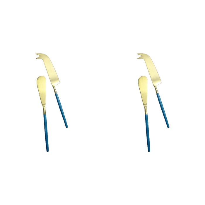 2x 2pc LVD S/Steel Cheese Knife & Spreader Pointed Handle - Gold/Blue