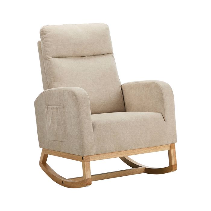 Oikiture Rocking Armchair Linen Fabric Lounge Chair Accent Chair Beige