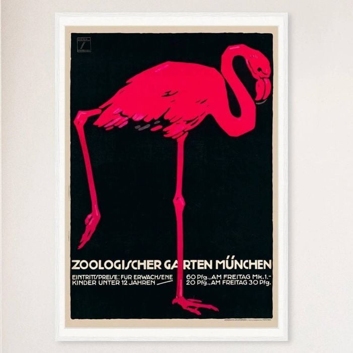 Galrie Munich Zoo Vintage Pink Flamingo Poster by Ludwig Holhwein for Home Decor, White Frame, A0 84 x 119cm (33 x 47inch)