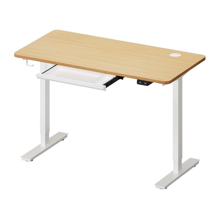 Oikiture 140cm Electric Standing Desk with Drawer Single Motor White & Oak
