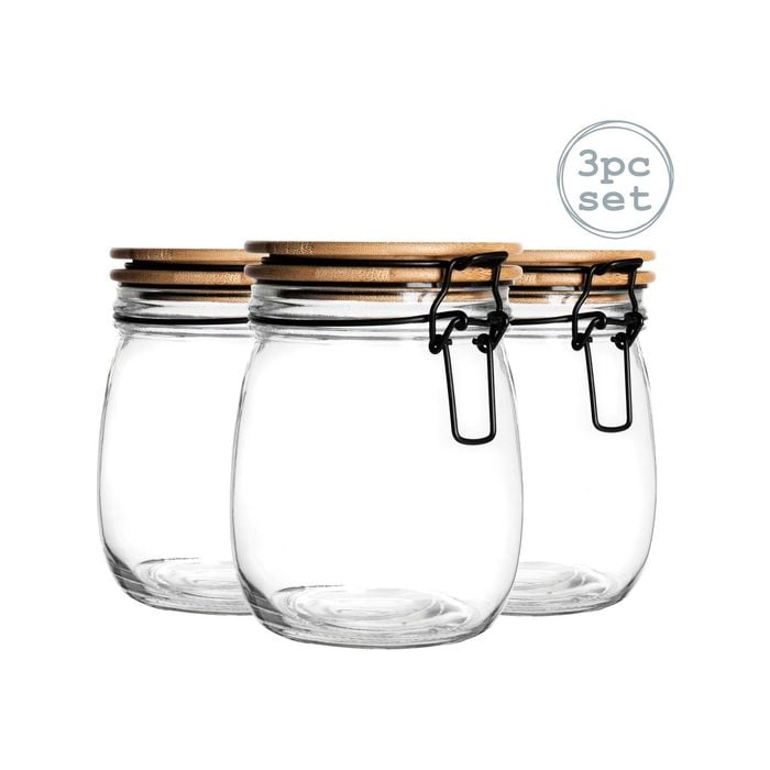 Argon Tableware 3 Piece Storage Jar with Wooden Lid Set - Round - 750ml