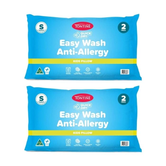 2x 2pc Tontine Quick Dry Easy Wash Anti Allergy Kids Pillows Set Low